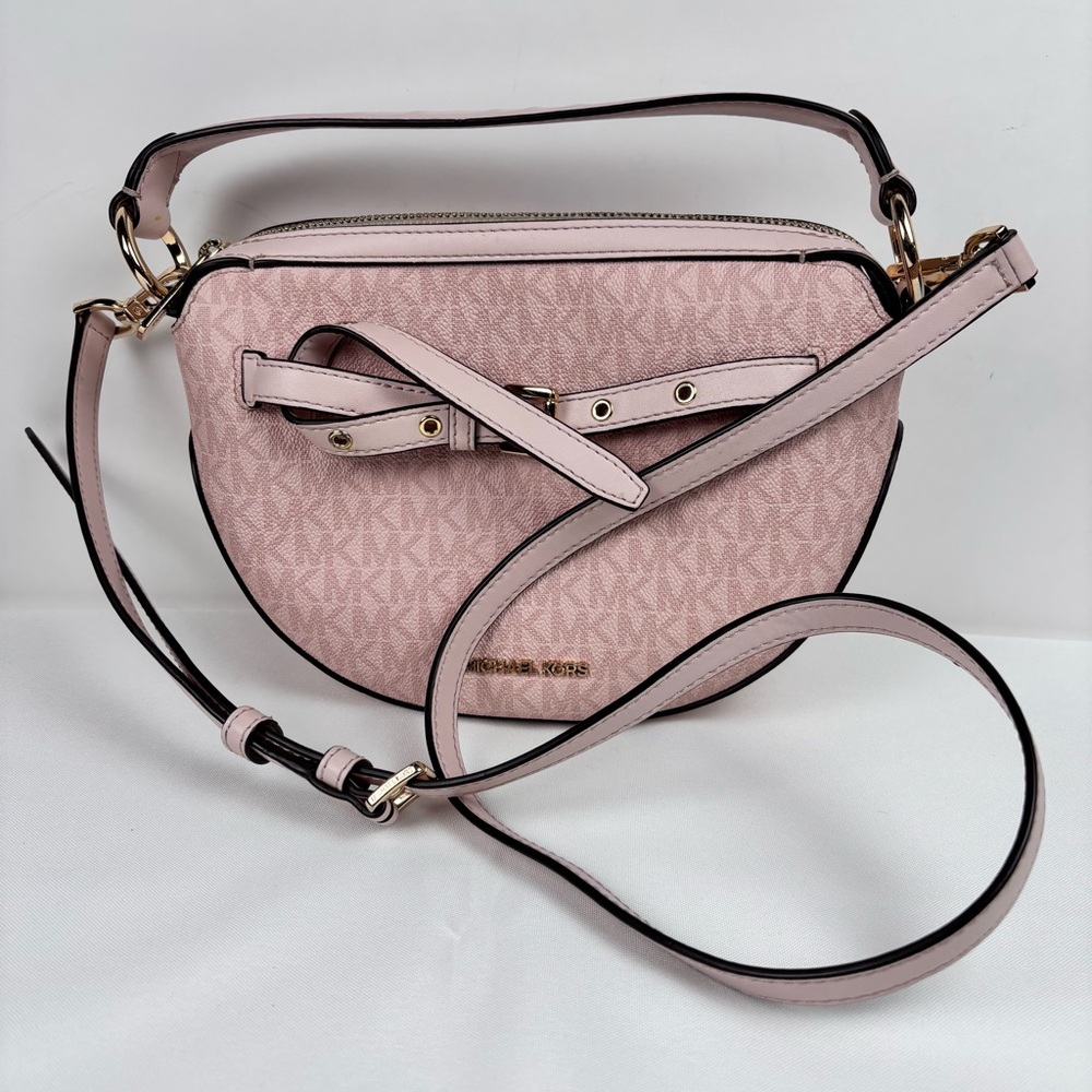 Michael Kors Emilia Half Moon Medium Shoulder Bag in blush pink logo-print canva